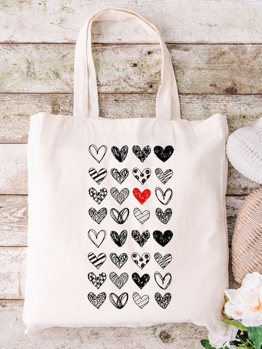 Ecru Fabric Canvas Bag Hearts Design 32 Dimensions 38x40cm with Handles 38x70cm