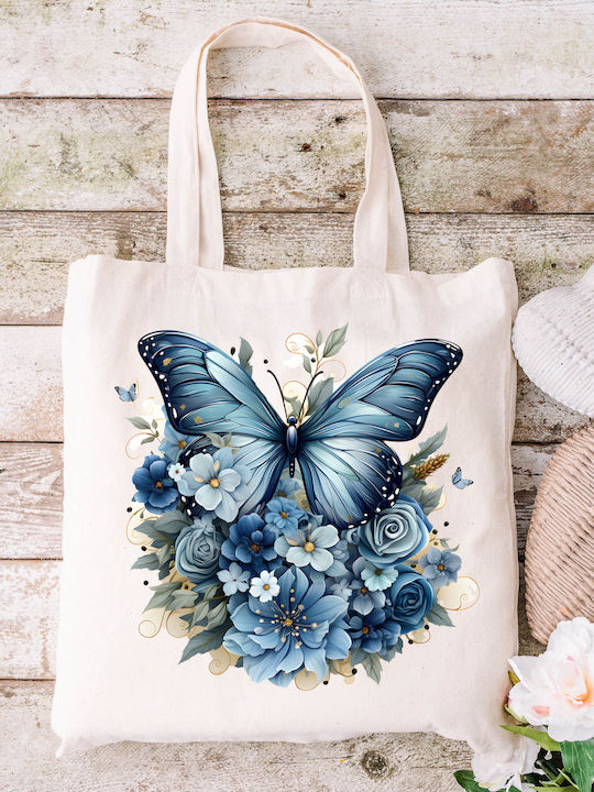 Ecru Fabric Shopping Bag Blue Butterfly Design Dimensions 38x40cm with Handles 38x70cm