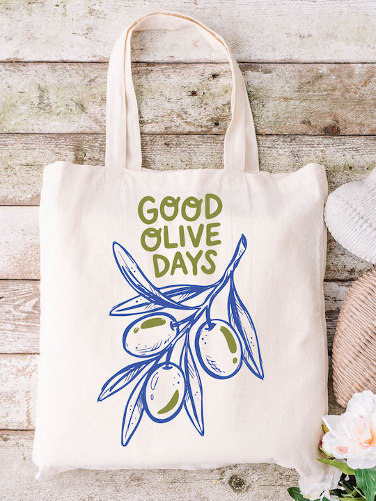 Ecru Cotton Fabric Bag with Good Olive Days Design Dimensions 38x40cm Including 38x70cm Handles