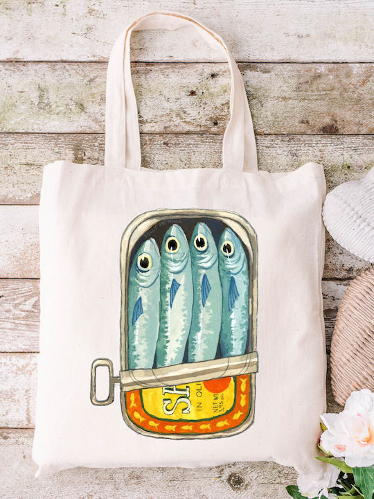 Τσάντα Πάνινη Υφασμάτινη Εκρού Σχέδιο Sardines Αρτ Διαστάσεις 38x40cm Μαζί Χερούλια 38x70cm