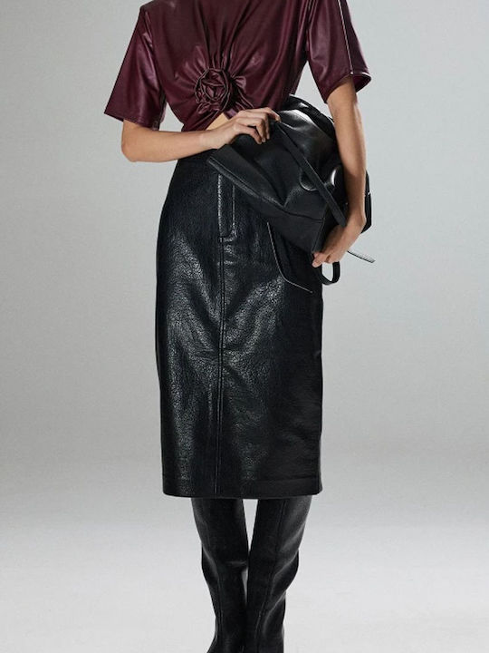 Leather High-Waisted Midi Skirt Black