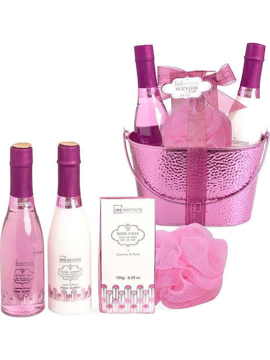 IDC Institute Scented Bath Rose Basket Cherry Blossom Skin Care Set for Body Cleansing, 5 Pieces