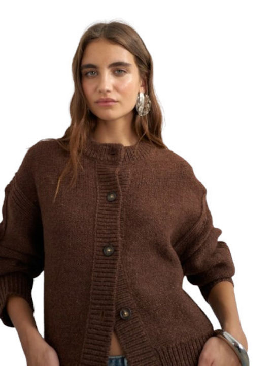 Cardigan Lung Tricotat cu Nasturi Maro pentru Femei