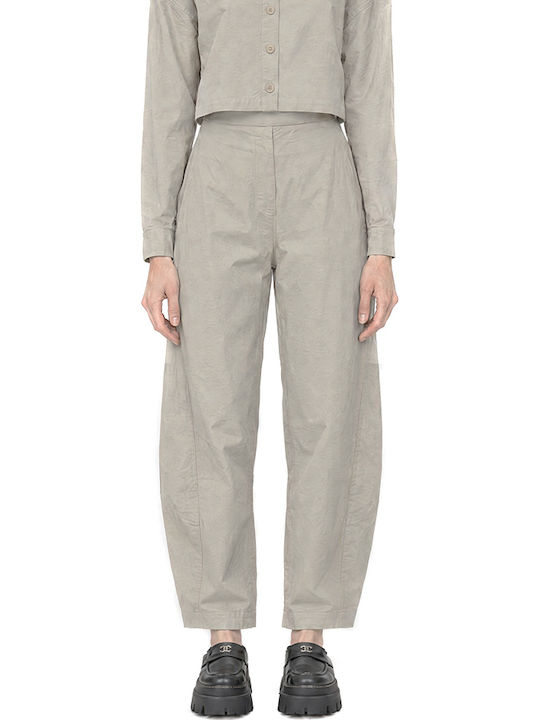 Moutaki Damenhose aus Leder mit hohem Bund und Gummizug in Ecru