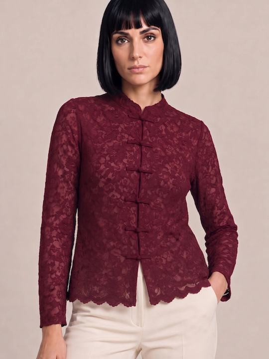 Derpouli Bluză Damă Florală Burgundy