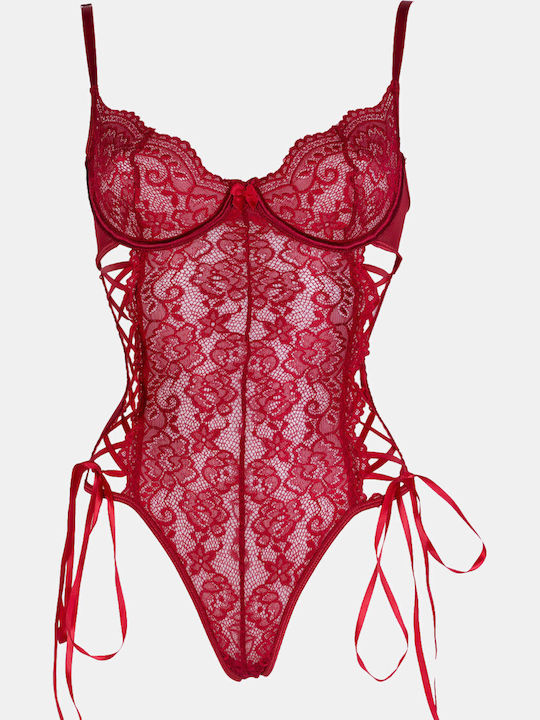 Lace Bodysuit with Underwire and Burgundy Stockings