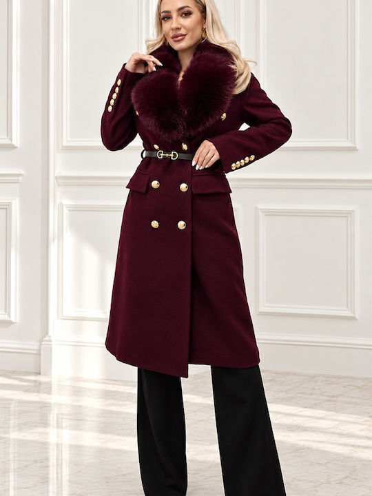 Wool Women's Coat Burgundy with Fur Details