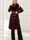 Wool Women's Coat Burgundy with Fur Details