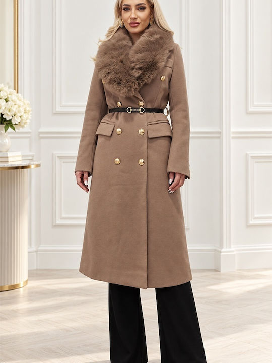 Wool Women's Coat Brown with Fur Details