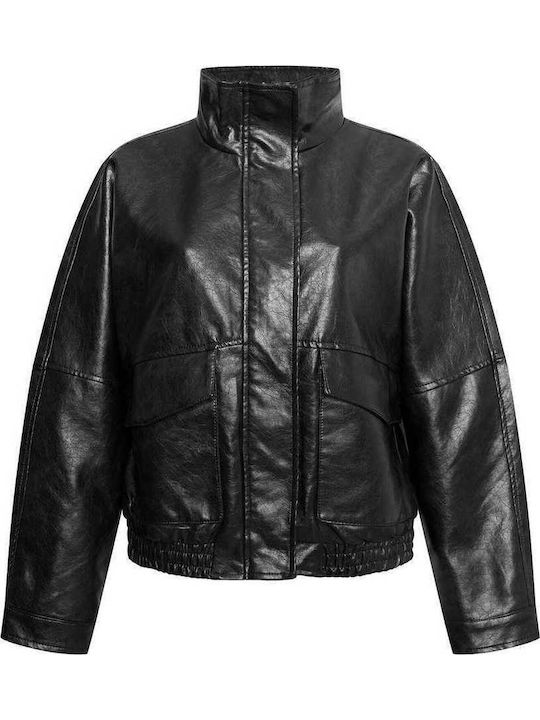 Γυναικείο Μπουφάν Δερματίνης Oversized Loose Fit Μαύρο