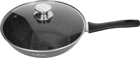 Cheffinger 28 Cm Wok Marble Coating Glass Lid Soft-grip Handle Black