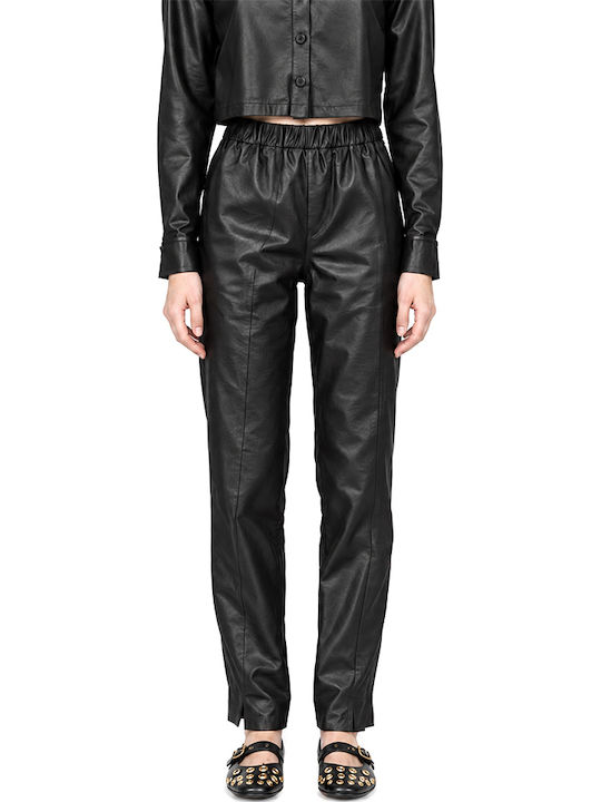 Moutaki Women's High-Rise Leather Capri Trousers with Elastic in a Loose Fit Black