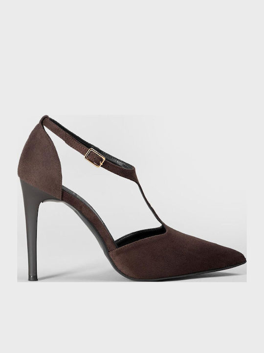 Suede Pointed Toe Heels with Strap Brown
