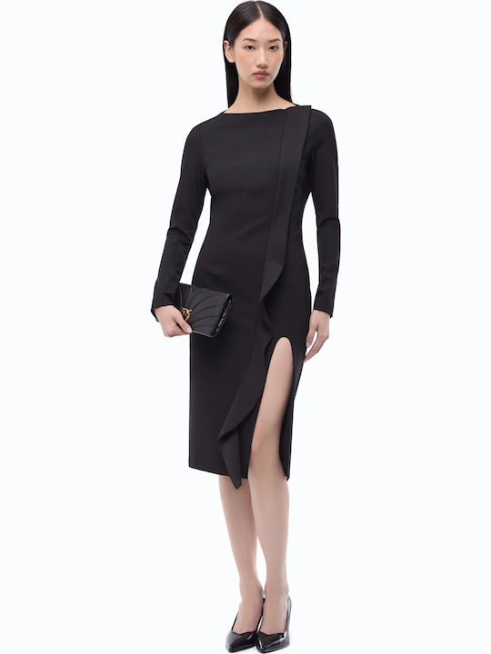 Pinko Midi Evening Satin Drape Open Back Dress with Slit Black