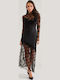 Maxi Evening Dress Open Back with Sheer Detail Black