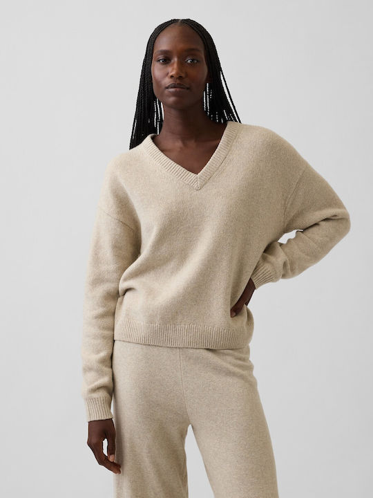 Pulover Cropped de Damă din Bumbac cu Decolteu în V Cobblestone Beige