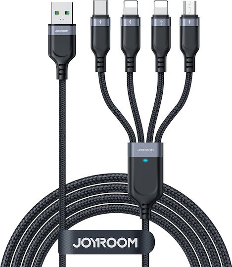Joyroom S-A18 Плетен USB Кабел към Lightning / Type-C / micro USB 3.5A Черен 1.2 м