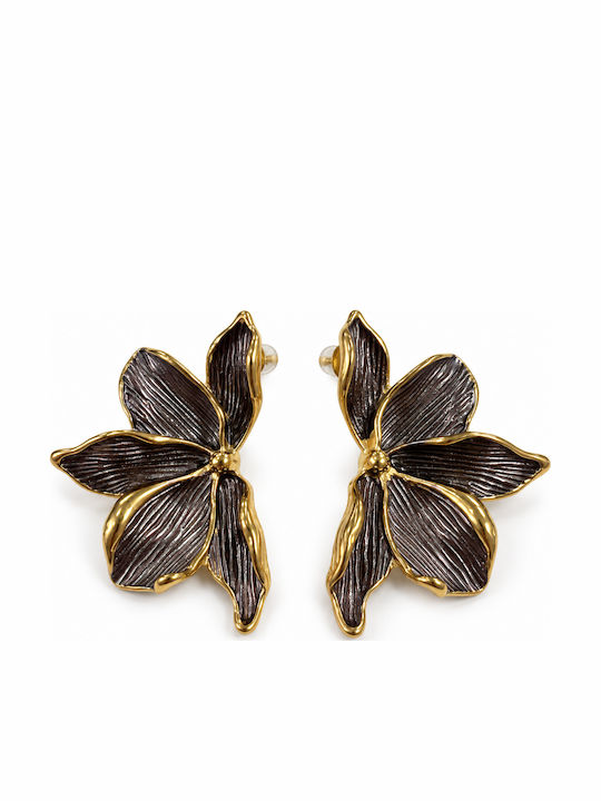 Women's Earrings Flowers Steel Textured Petals – Anthracite & Gold
