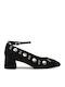 Suede Pointed Toe Heels with Strap & Chunky Mid Heel Black