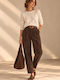 Women's High-Waisted Brown Corduroy Trousers with Elastic Waistband in Slim Fit