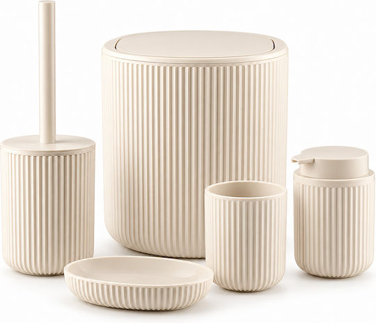 Femmit 5-Piece Bathroom Set Beige Waste Bin 4.5L Toilet Brush Soap Dispenser Toothbrush Holder & Soap Dish
