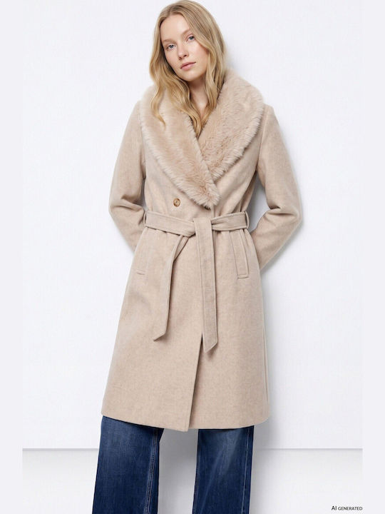 Women's Ecru Coat with Fur Details
