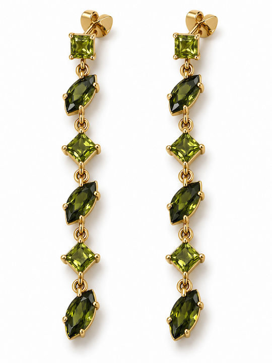 Women's Long Dangle Earrings Steel Green Stones – Gold Tone