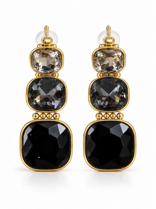 Women's Dangle Earrings Steel Grey Black Stones – Gold Tone