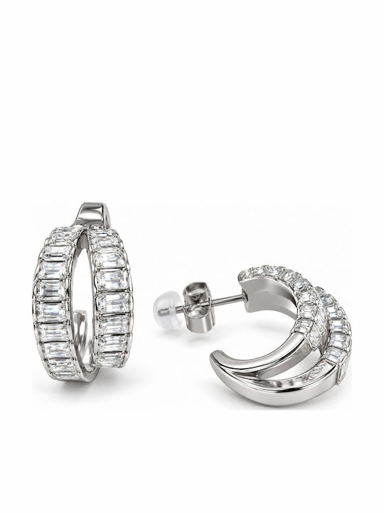 Women's Double Hoop Earrings Steel Baguette Stones – Silver