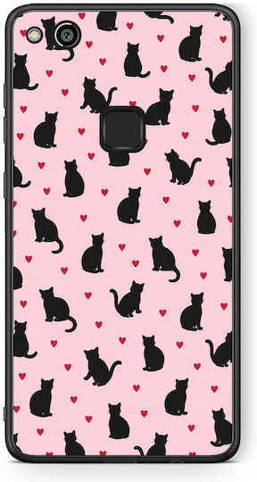 Smartfits Hülle mit schwarzen Katzensilhouetten und Herzen auf Pink für Huawei P10 Lite