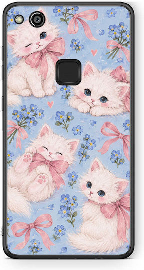 Smartfits Weiße Kätzchen Blaue Blumen Große Hülle für Huawei P10 Lite