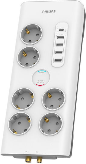 Philips Разклонител с 6 контакта, 4 USB-A и 1 USB-C