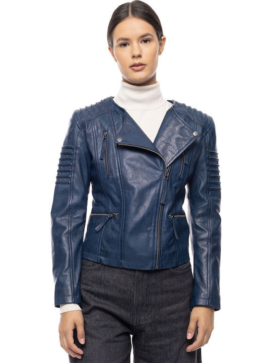 Women's Leather Biker Jacket Blue