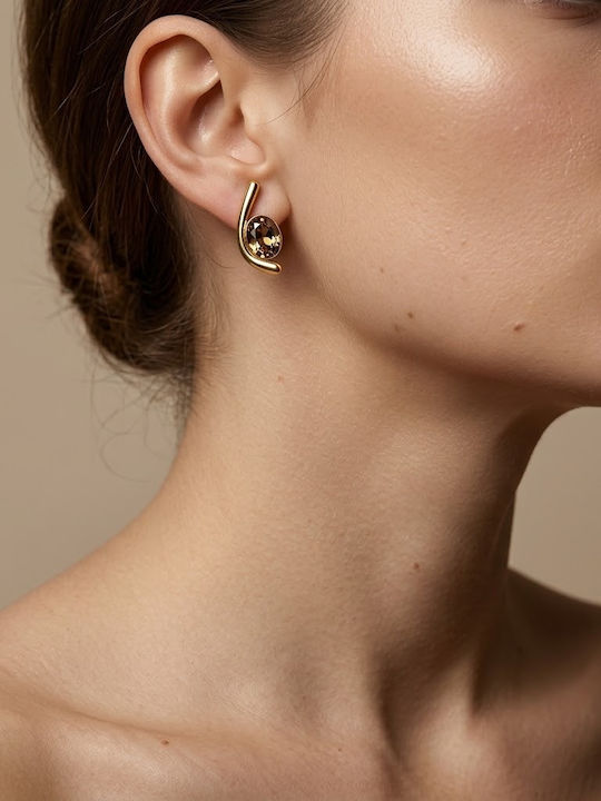 Women's Gold Earrings with Curved Design Oval Brown Stone Prime Steel Brown Gold Women One Size Ssn299 Women's Gold Earrings with Curved Design Oval Brown Stone Prime Steel Brown Gold Women One Size Ssn299