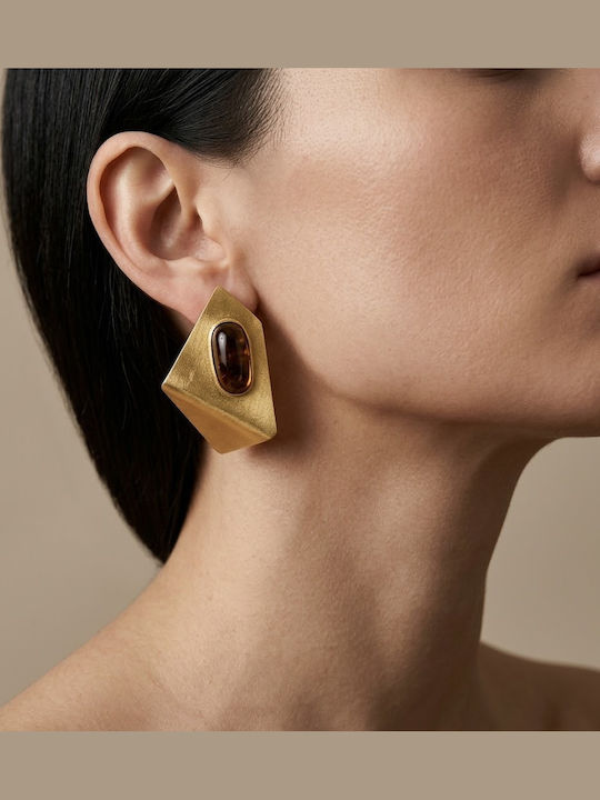 Women's Gold Geometric Earrings Matte Texture Oval Brown Stone Prime Steel Brown Gold Women 7 Cm Ssn311