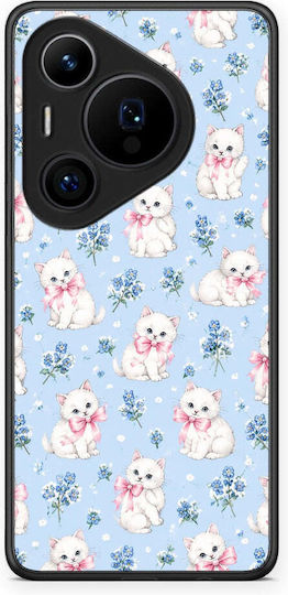 Smartfits Weiße Kätzchen Blaue Blumen Small Huawei Pura 70 Pro 70 Pro+ Hülle