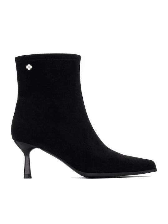 Vegan Suede Γυναικεία Μποτάκια με Μεσαίο Τακούνι Μαύρο