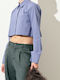Long Sleeve Women's Blue Checked Denim Shirt