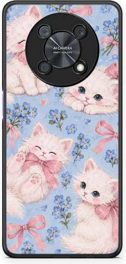 Smartfits Weiße Kätzchen Blaue Blumen Hülle für Huawei Nova Y90 in Großformat