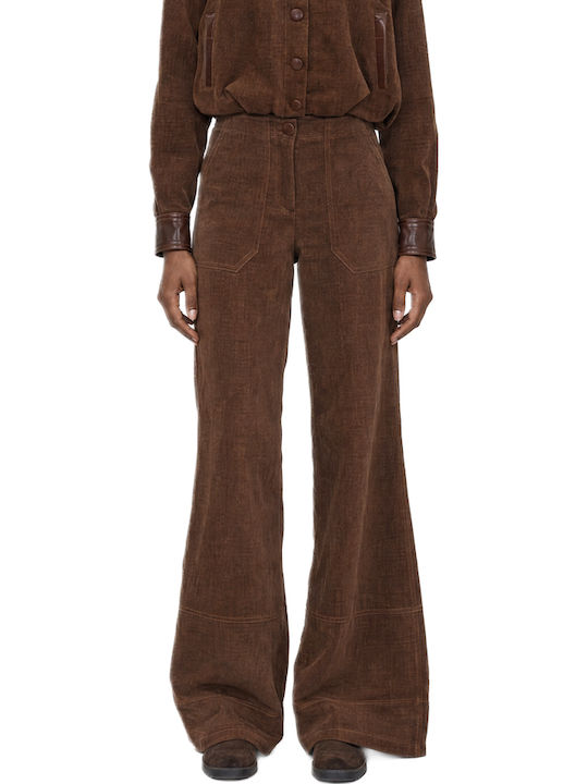 Women's High-Waisted Fabric Flared Trousers Brown