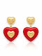 Steel Dangle Heart Earrings Gold Red