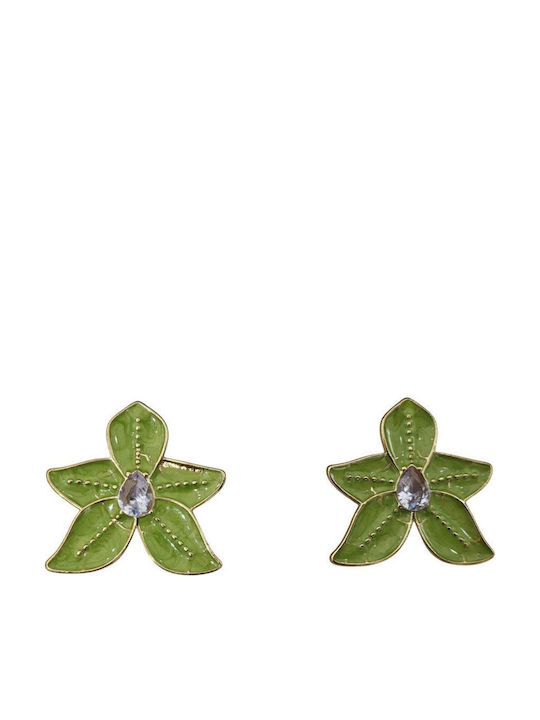 Green and Gold Steel Stud Flower Earrings with a Stone in the Center
