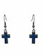 Silver Steel Cross Earrings with Blue Stone