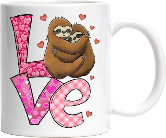 2 Sloths Hugging, Blushing, Love, Affection, Valentine's Day White Ceramic Mug 330ml (Personalized)