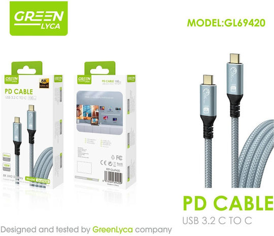 Green Lyca Καλώδιο 1m Usb-c Usb-c 3.2 Power Delivery 100w & Υποστήριξη Uhd Gl69420