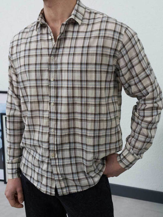Long Sleeve Shirt in Regular Fit, Checked Ecru