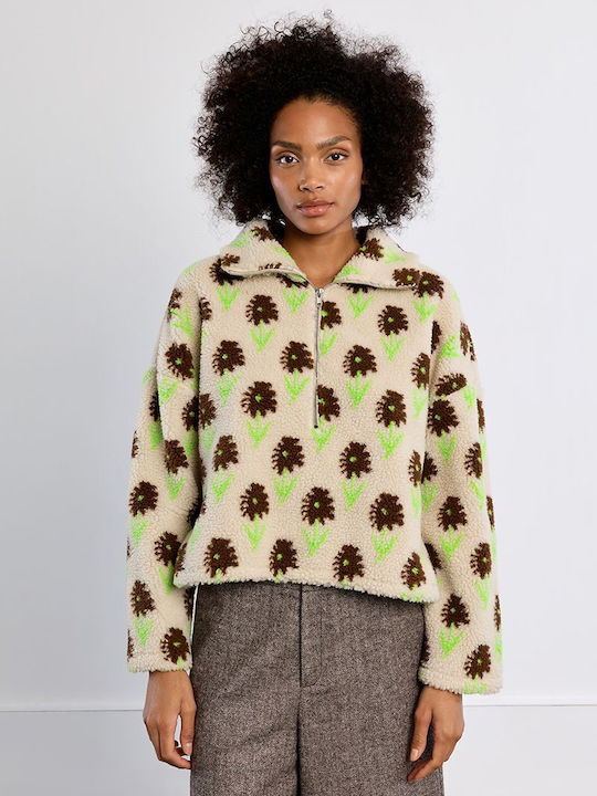 Women's Blouse with Floral Zipper Ecru
