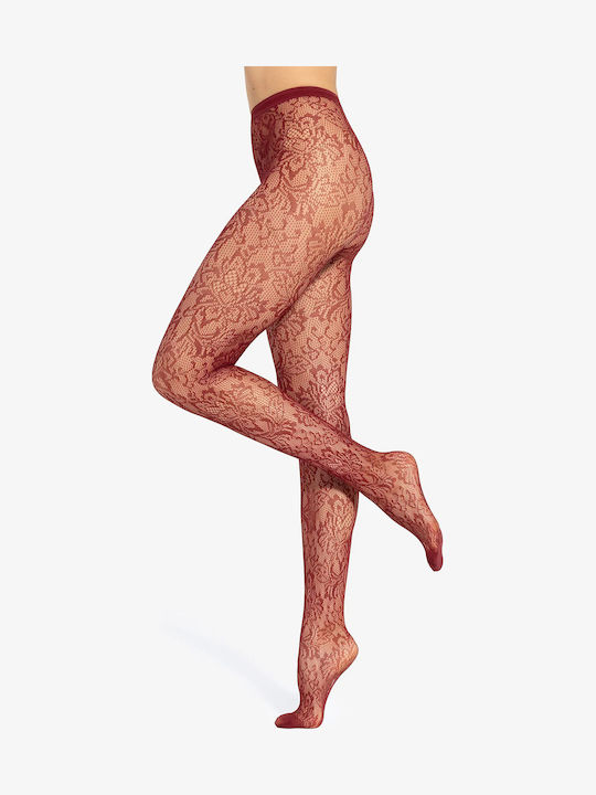 Women's Burgundy Net Pantyhose with Print