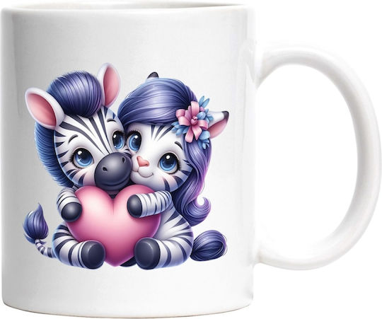 2 Zebras Embracing and Holding a Heart, Relationship, Love, Affection, Gift, Valentine's Day, Closeness Ceramic White Mug 330ml (Personalized)
