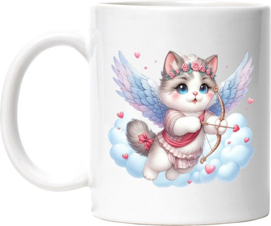 A Kitten Shooting a Bow, Valentine's Day White Ceramic Mug 330ml (Personalized)